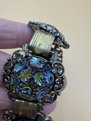 Vtg Judy Lee Peacock Carnival Art Glass Panel Bracelet Renaissance Revival