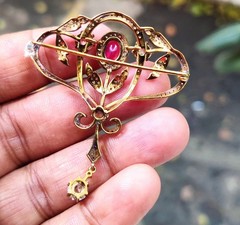 3Ct Oval Lab Created Red Ruby Antique Brooch Pin 14K Yellow Gold Plated Silver