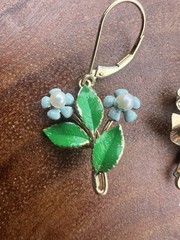 Vintage 14K Gold Overlay Enamel Pearl Blue Floral Leverback Dangle Earrings 1.5”