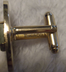 Vintage Dante Matching Gold Oval Cufflinks and Rectangular Tie Bar w/Green Stone