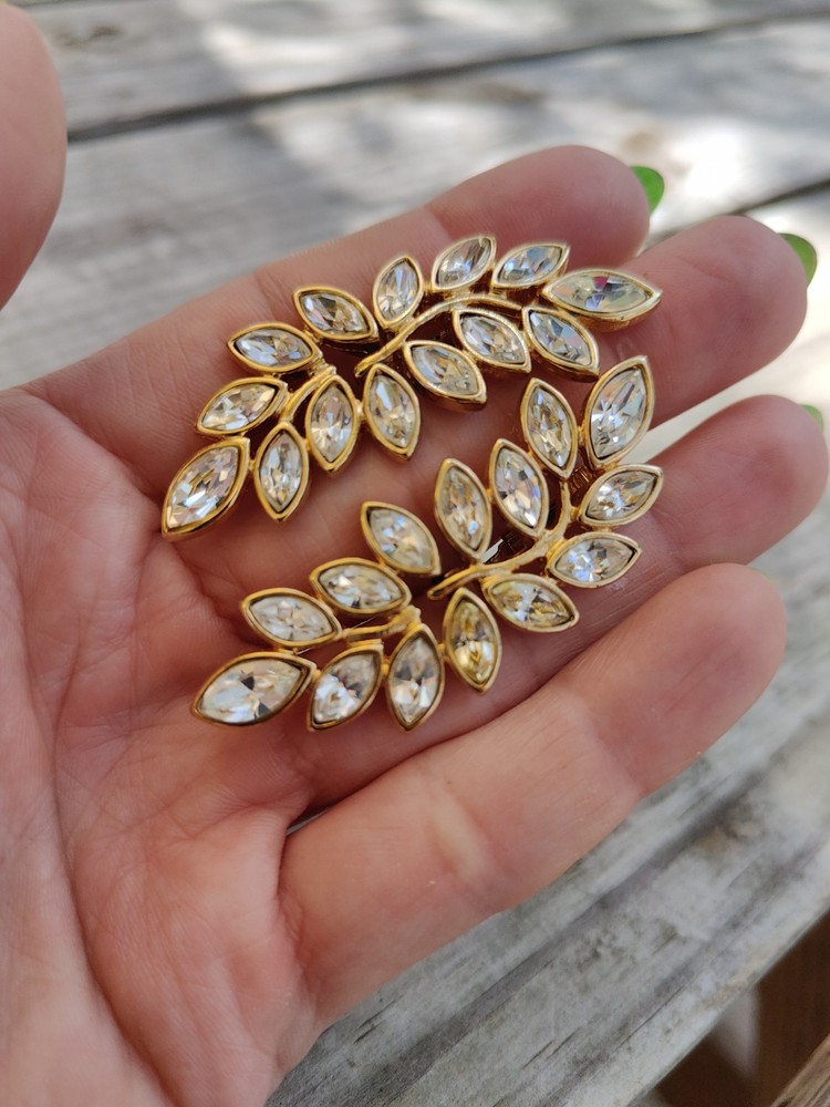Vintage Kenneth Jay Lane KJL Goldtone Crystal Leaf Rhinestone Clip on Earrings
