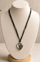 Vintage Silver Tone Heart Locket Necklace Black Leather Boho