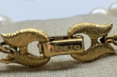 Vintage Monet Faux Pearl & Rhinestone Bracelet Gold Tone Fold Over Clasp 9″!