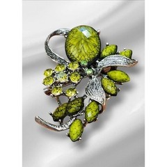 Vintage Style Lime Green Floral Brooch Silver Tone Rhinestone Botanical Pin