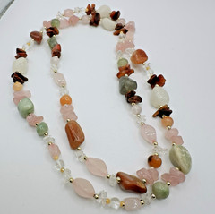 Vintage Beggars Bead Necklace Semi Precious Gemstones 31″ Pink Green Clear