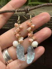 Aquamarine natural coral earrings with pearls