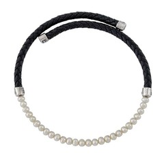 Vintage Sterling Silver 925 Black Braided Leather Pearl Necklace 16.5″