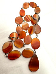 Vtg Polished Tumbled Agate Necklace Orange Brown 26″ Link 1960s 70s Boho Natural