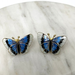Vintage Sterling Silver Enamel Butterfly Earrings Post Gold Blue Black 925