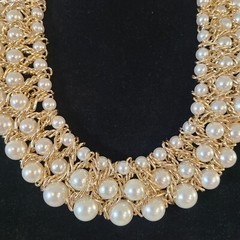 Vtg NY Company Faux Pearl Gold Tone Chain Collar Necklace Weave Triple Strand