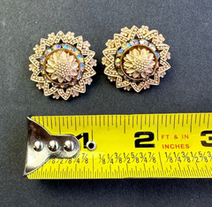 Vintage Cream Color Celluloid Intricate Flower Crystal Rhinestone Clip Earrings