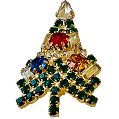 EISENBERG ICE Vintage Christmas Tree Brooch Small Multi-Color Rhinestones Signed