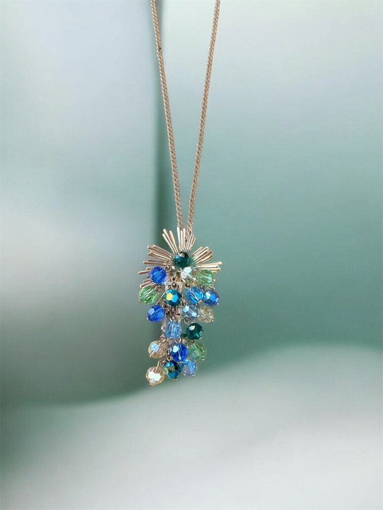 Vintage Mid Century Rhinestone Necklace Gold Tone Fringe Pendant Costume Jewelry