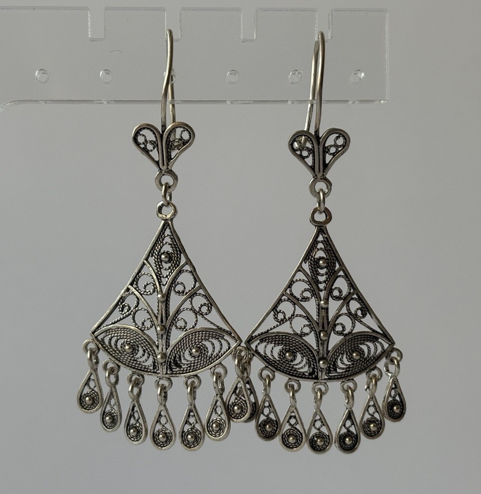 Vintage Turkish Sterling Silver Dangle Earrings Filigree 8.32 Grams 2.5 Inches