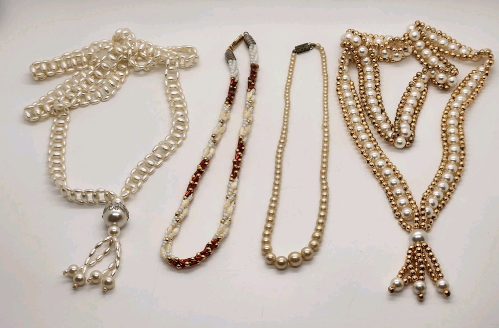 Vintage Lot of 4 Faux Pearl Necklaces Gold Tone Rice Pearls Mixed Lot