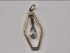 Antique 14kt Rolled Gold Pear Shaped Light Blue Art Glass Pendant Necklace