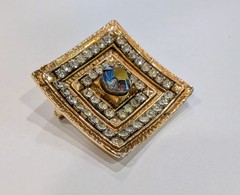 Vintage Gold Tone Tiered Square Pavé Rhinestone Brooch AB Center Geometric Pin