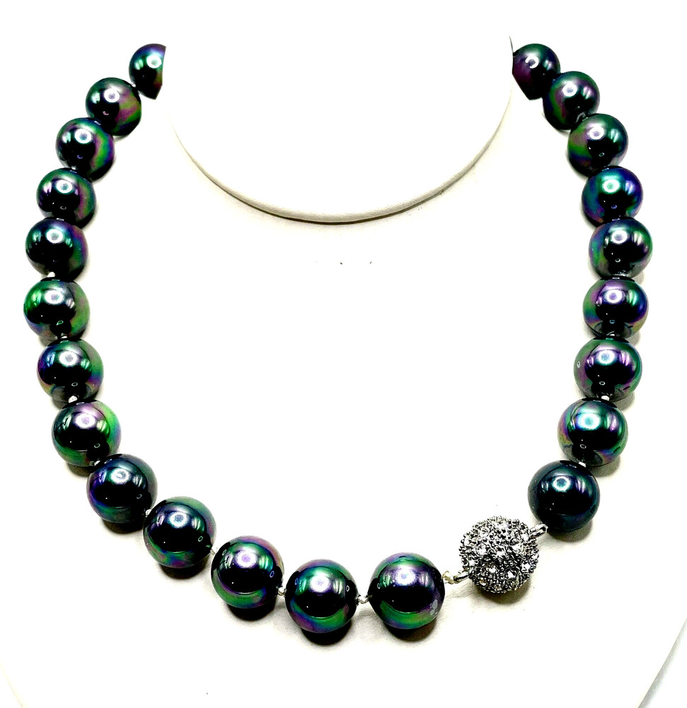 Black Tahitian Glass Pearl 13mm Iridescent Peacock Crystal Fireball Necklace VTG