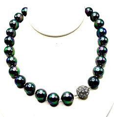 Black Tahitian Glass Pearl 13mm Iridescent Peacock Crystal Fireball Necklace VTG