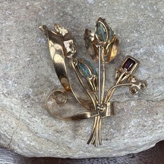 Vintage Rose Gold tone Flower Bouquet Swirl Blue Gemstone Pin Brooch 2.5” purple