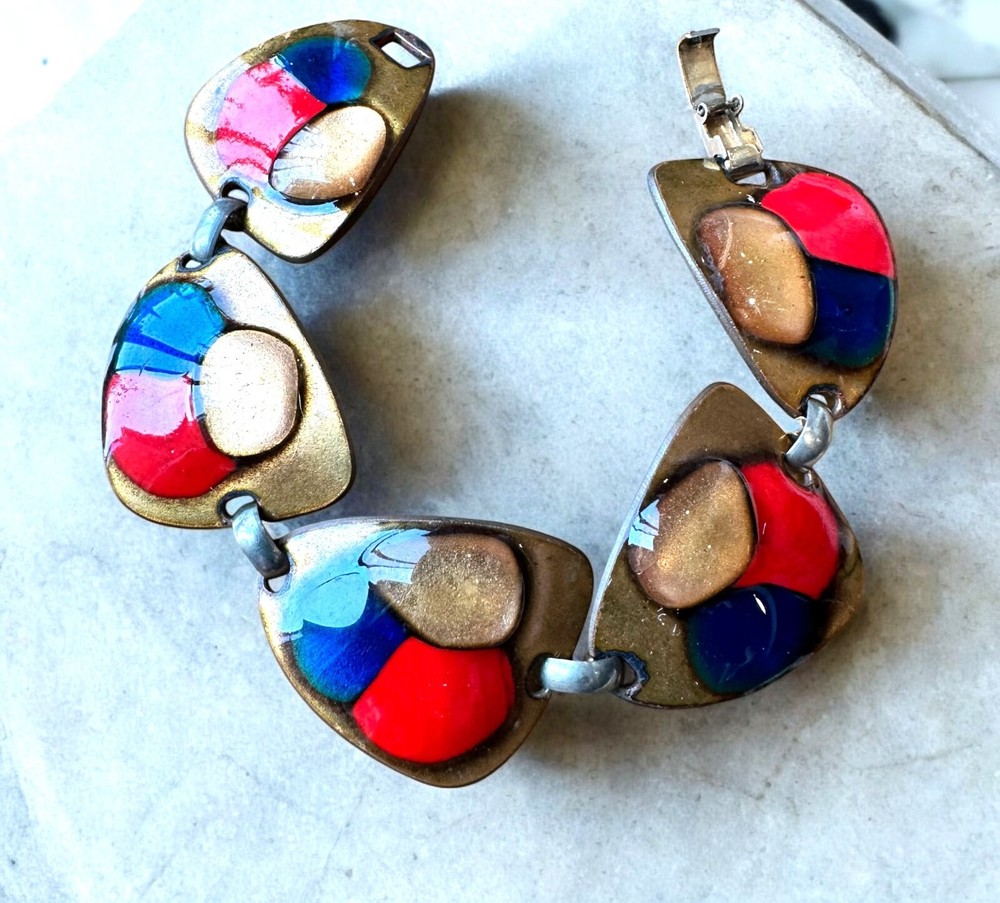 Vintage Kay Denning Red Blue and Copper Enamel Bracelet