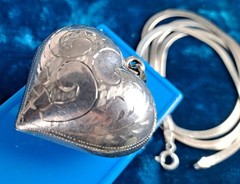 Vintage Puffy Heart Pendant Necklace Etched Design Included SS Chain 925