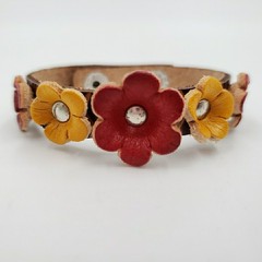 Peasant Leather Flower Cuff Bracelet Adjustable Handmade Boho Country Cottage