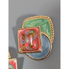 Vintage Enamel Color Block Earrings Blue Green Swirl Geometric Memphis Style