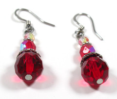 Vintage Red Faceted Bead Dangle Earrings Silver Tone Hook