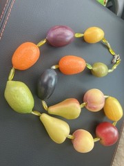 Vtg Plastic Lucite Fruit Salad Necklace Jumbo 29” Inch Tutti Frutti Signed Joy