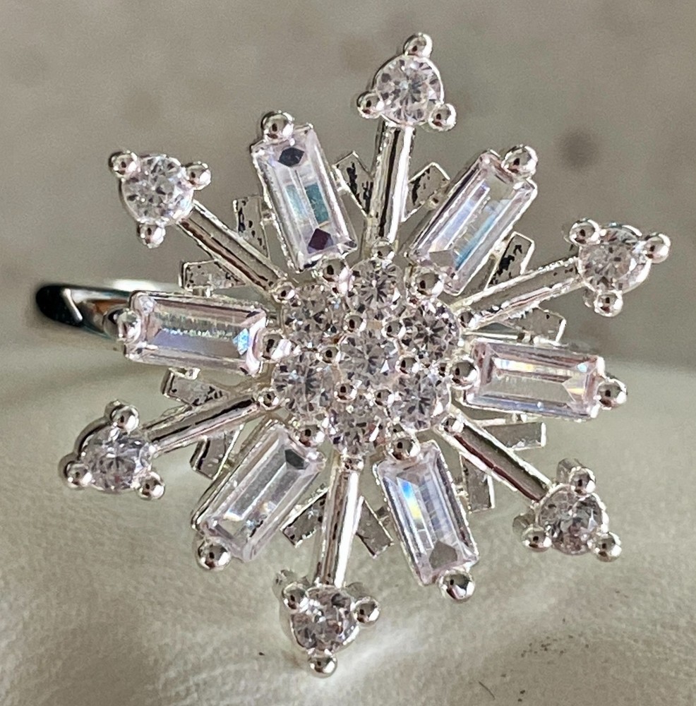 Snowflake Cluster Ring Clear Baguette & Round Cut Silver Tone Cocktail Size 7