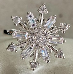 Snowflake Cluster Ring Clear Baguette & Round Cut Silver Tone Cocktail Size 7