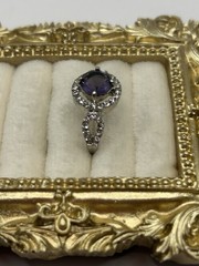 Silver Tone Purple Amethyst Halo Statement Ring Size 8.5 Vintage Costume Jewelry