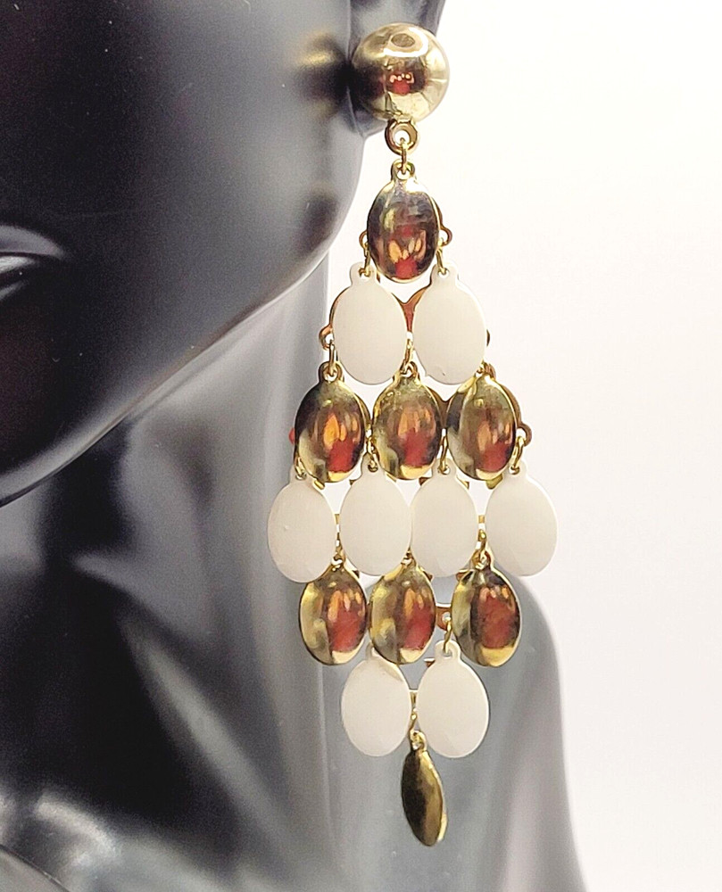 White & Gold Tone Metal Chandelier Cascade Dangle Vintage Earrings Ballroom