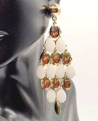 White & Gold Tone Metal Chandelier Cascade Dangle Vintage Earrings Ballroom