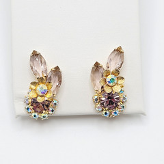 Glamorous AB Crystal Flower Floral Pale Rhinestone Climber Vtg Clip On Earrings