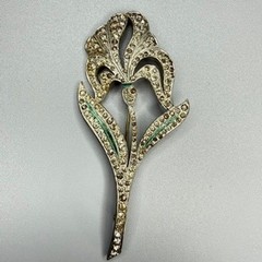 VTG Art Deco Pot Metal Floral Brooch c. 1930s Large Silver Tone Rhinestones