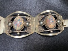 Vintage Taxco Mexico Sterling Silver Faux Fire Opal Link Panel Patina Bracelet