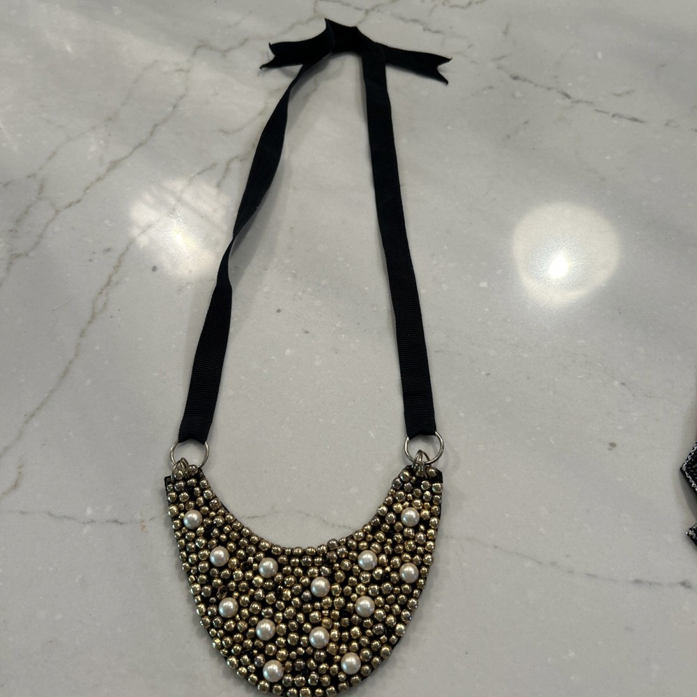 Vintage Beaded Collar Choker Necklace Imitation Pearls Gold Black Ribbon Retro
