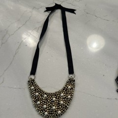 Vintage Beaded Collar Choker Necklace Imitation Pearls Gold Black Ribbon Retro