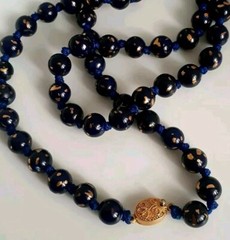 Vintage Chinese cobalt Blue gold flecks Glass Hand Painted necklace