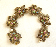1940’s Vntg 7.5″ ‘Fruit Salad’ Rhinestone Bracelet Openwork Hatched Leaf Design