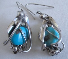 LADDA BIHLER SILVERSMITH STERLING EARRINGS w TURQUOISE, 2 1/8 INCHES, 12 GRAMS