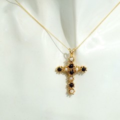 14K Solid Gold Large Ornate Garnet Pearl Christian Cross Necklace, 1.5 Inches
