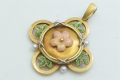 15K GOLD PINK GREEN ENAMEL PEARL PENDANT – QUALITY ANTIQUE ENGLISH -1880