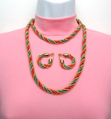 VTG 1950s 60s DOUBLE STRAND EGYPTIAN REVIVAL RUNWAY NECKLACE & EARRINGS GOLDEN