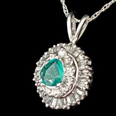 Vintage Emerald Baguette Cut Diamonds 14k White Gold Ballerina Pendant Necklace