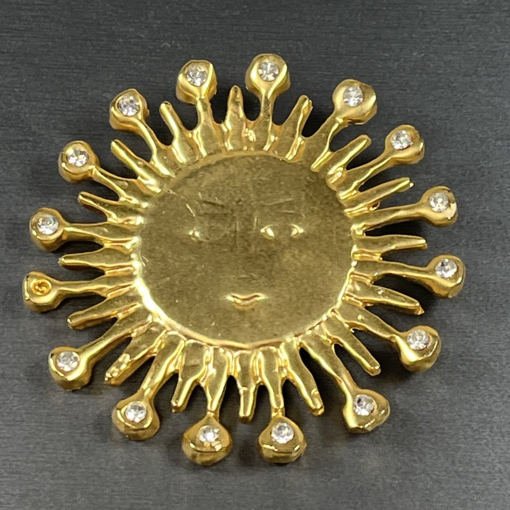 Beautiful Large Sun Face Brooch Rays Rhinestones 2.8″ Modernist