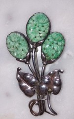 Vintage Chinese Carved Jadeite 3 Flowers Sterling Silver Leaves Brooch Jade Pin
