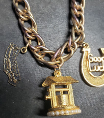 Gold Toned Metal Gold Luck Horse Shoe Wishing Well CA Charm Bracelet Jewelry vtg